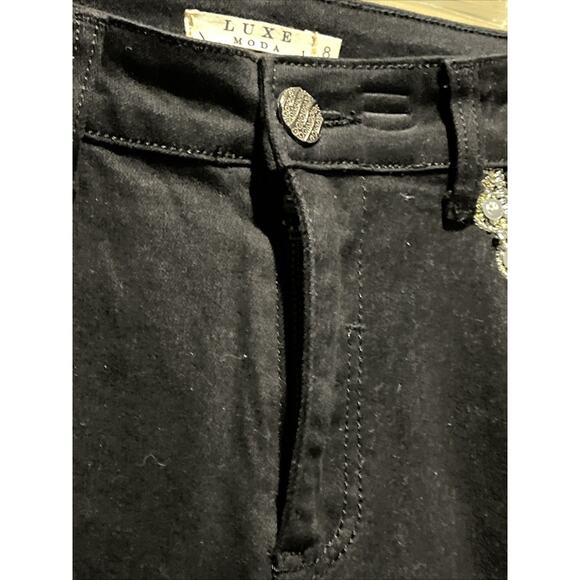 Womens Black Moda Luxe Denim Jeans Rhinestone Embellished Side Zippers 8 - Picture 6 of 11